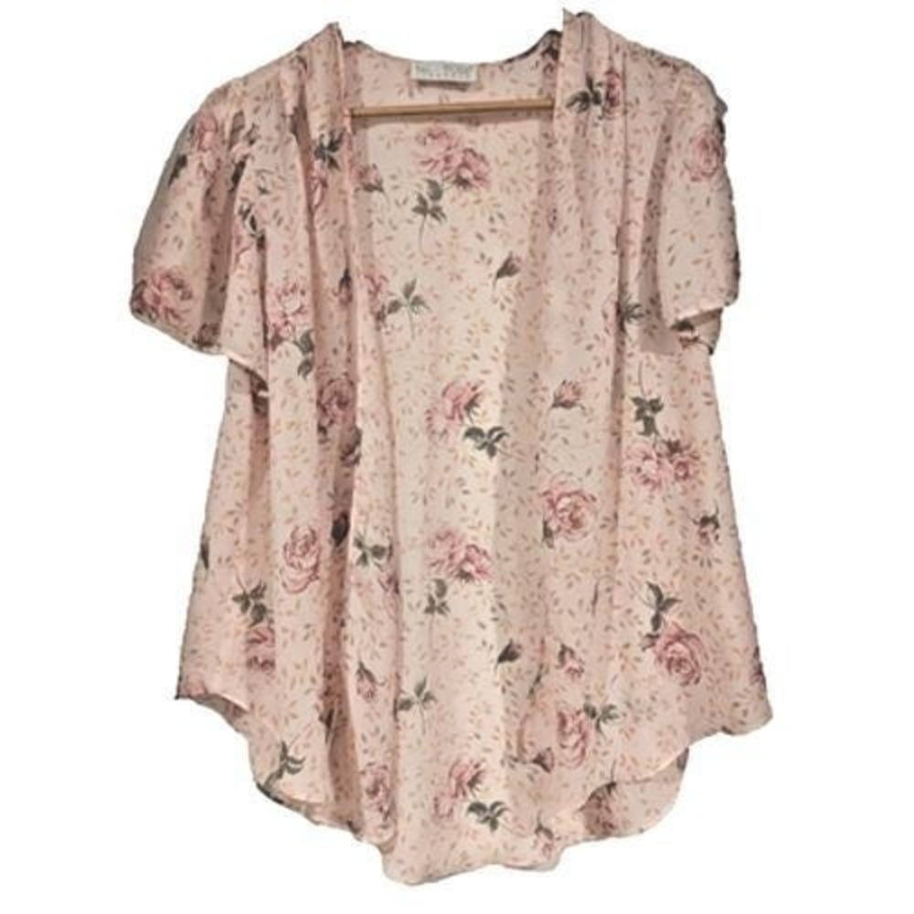 Val Mode Lingerie Vintage‎ Pink Rose Floral Open Front Bed Jacket Sheer Cardigan